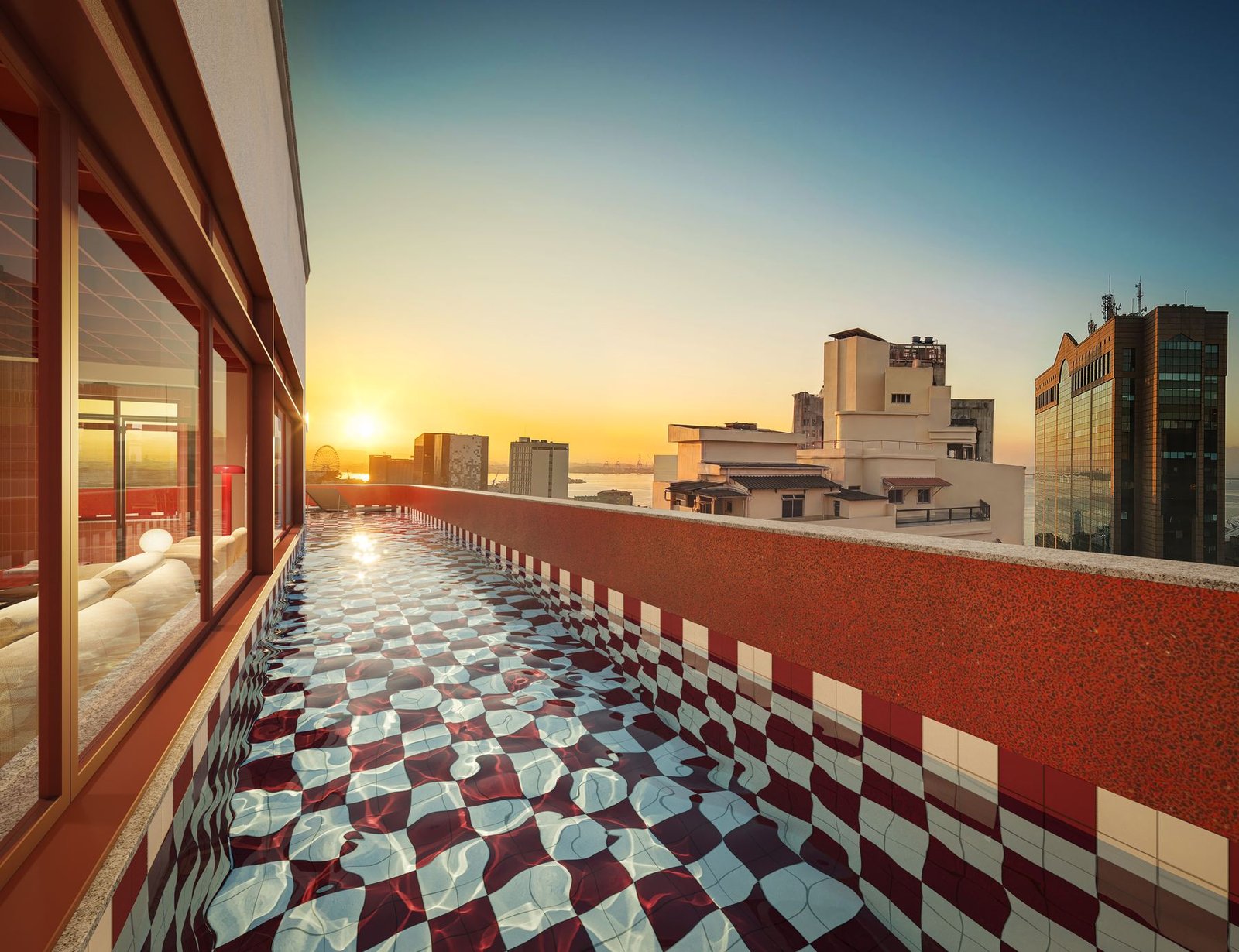 Piscina no rooftop do ARB26 ao pôr do sol