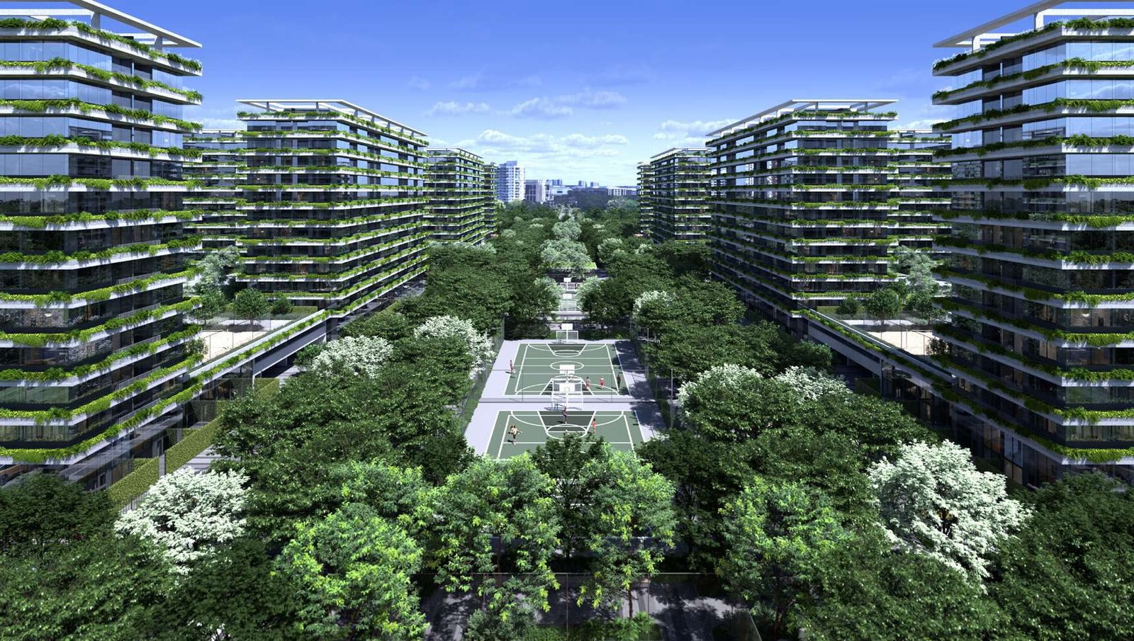 Vista do bairro planejado Cidade Arte, com torres e área verde