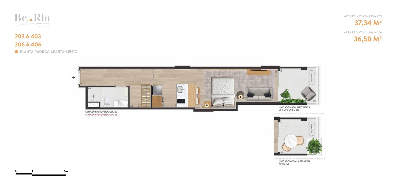 Floor plan of the 37.34 and 36.50 m² apartments, columns 03 and 06, at Be.in.Rio Nascimento Silva 387