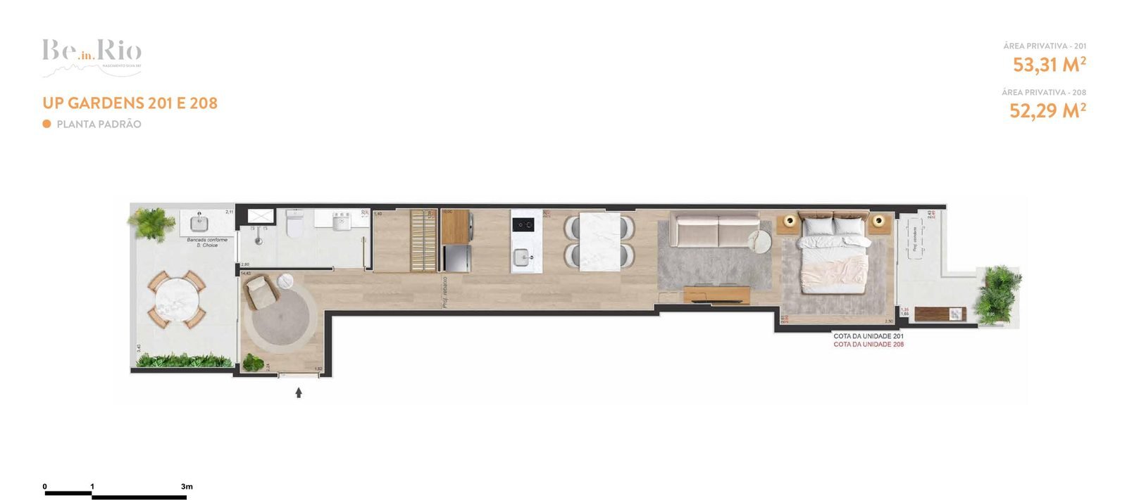 Floor plan of up-garden units 201 and 208, with 53.31 and 52.29 m², at Be.in.Rio Nascimento Silva 387