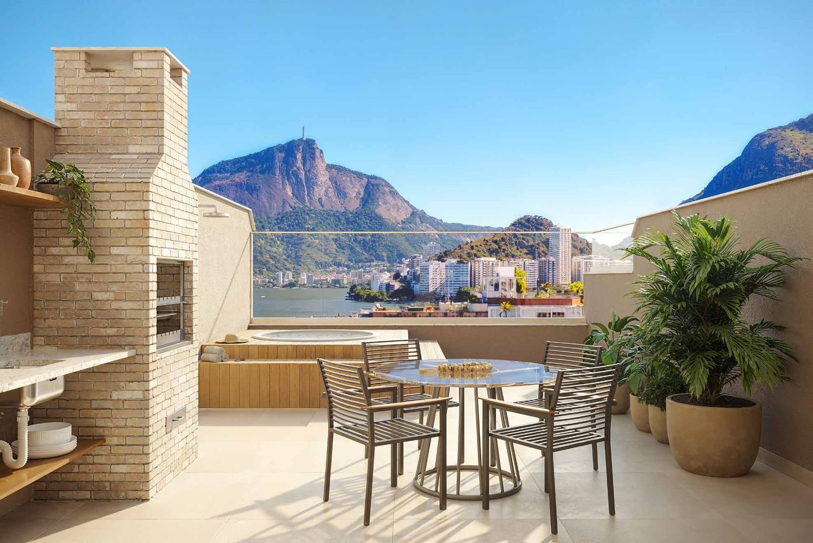 Penthouse 1002 terrace with hot tub and barbecue, facing Christ the Redeemer