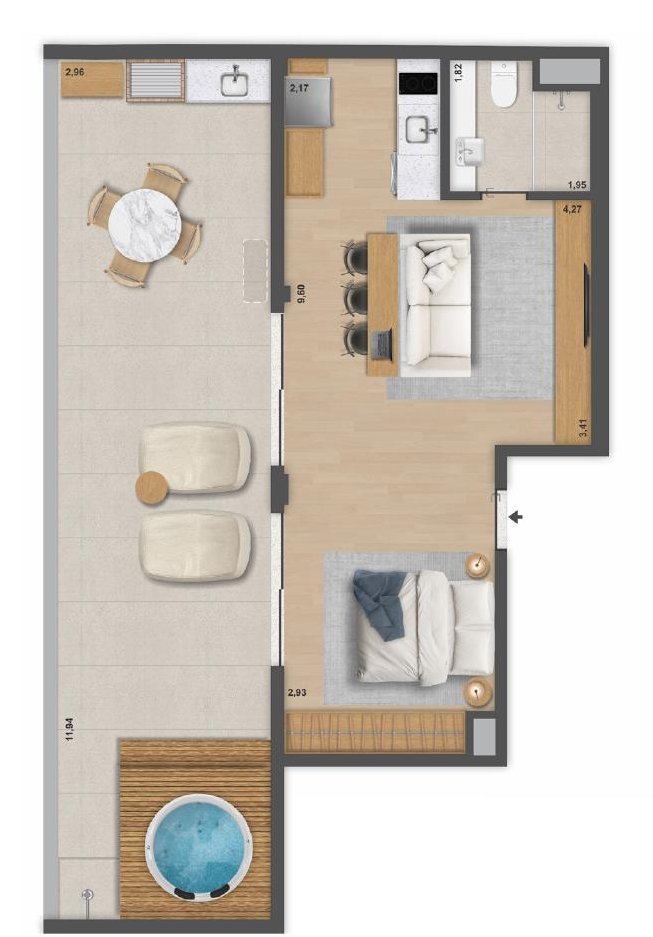 Floor plan of penthouse 1301, with 80.01 m² and a terrace, at Be.in.Rio Pompeu Loureiro 110
