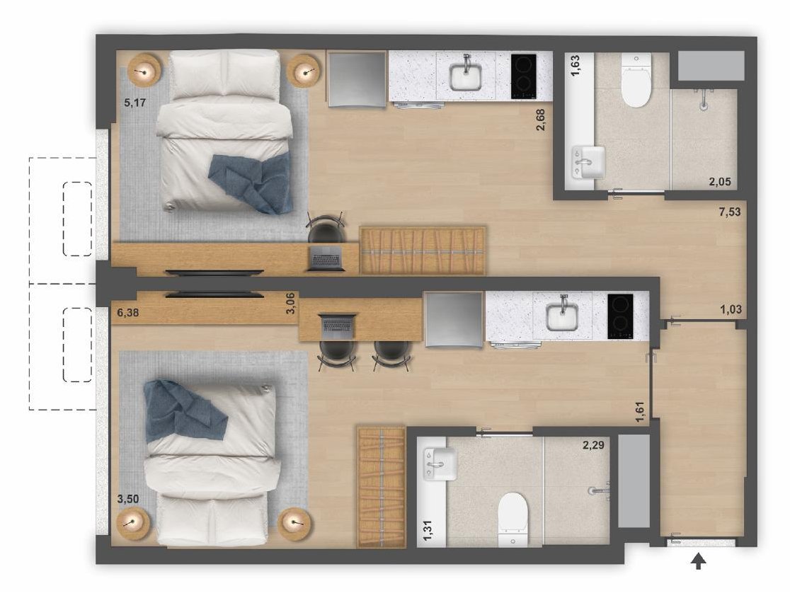 Floor plan of the 48.22 m² double suite, with two independent units, at Be.in.Rio Pompeu Loureiro 110