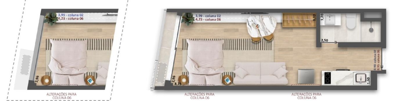 Floor plan of the 29.50 and 28.73 m² apartments, columns 02 and 06, at Be.in.Rio Tonelero