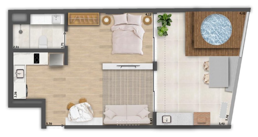 Floor plan of penthouse 1202, with 62.62 m² and a terrace with hot tub, at Be.in.Rio Tonelero