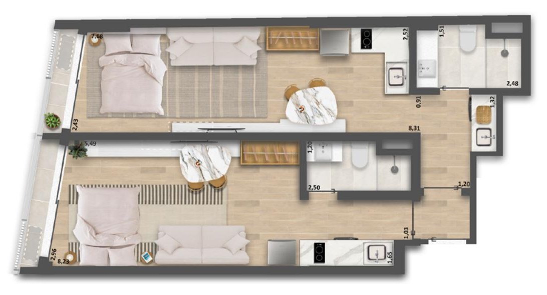 Floor plan of the 65.66 m² double suite, units ending in 01 from the 7th to the 11th floor, at Be.in.Rio Tonelero