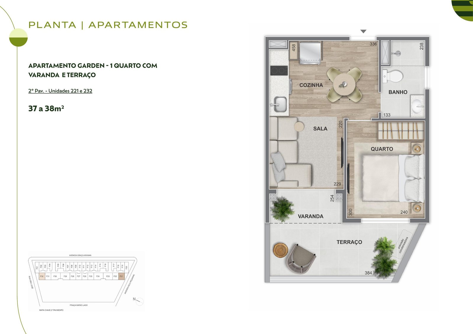 Planta do apartamento garden de 1 quarto com varanda e terraço de 37 a 38m² no Connect Square