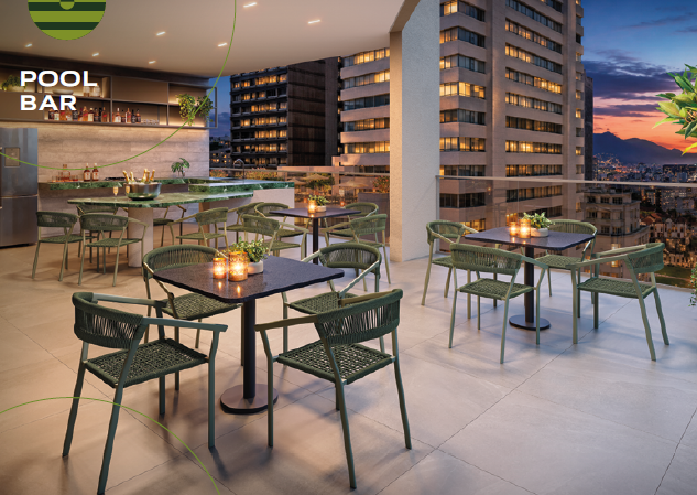 Pool bar do rooftop do Connect Square com vista para o Centro do Rio ao entardecer