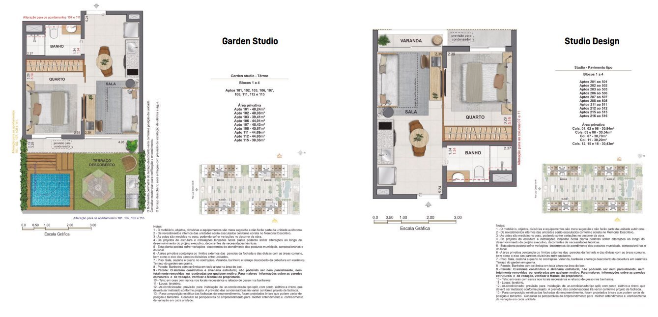 Planta del garden studio en planta baja y del studio design del piso tipo del Feel Pontal Oceânico