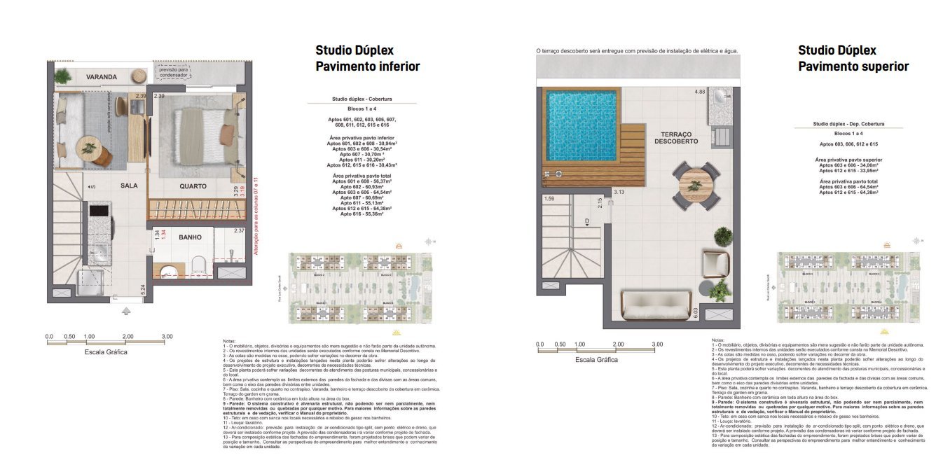 Planta del studio dúplex, niveles inferior y superior, del Feel Pontal Oceânico