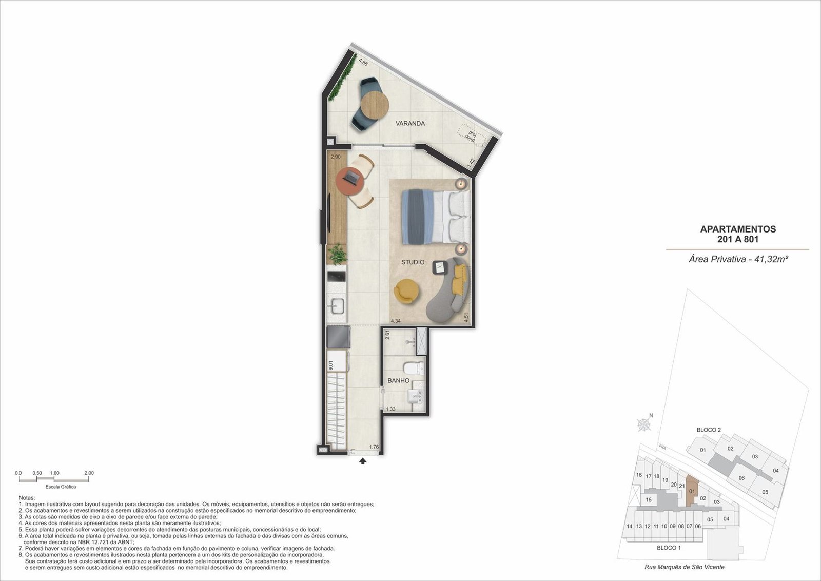 Floor plan of studio 201 to 801, Gaví Building 1