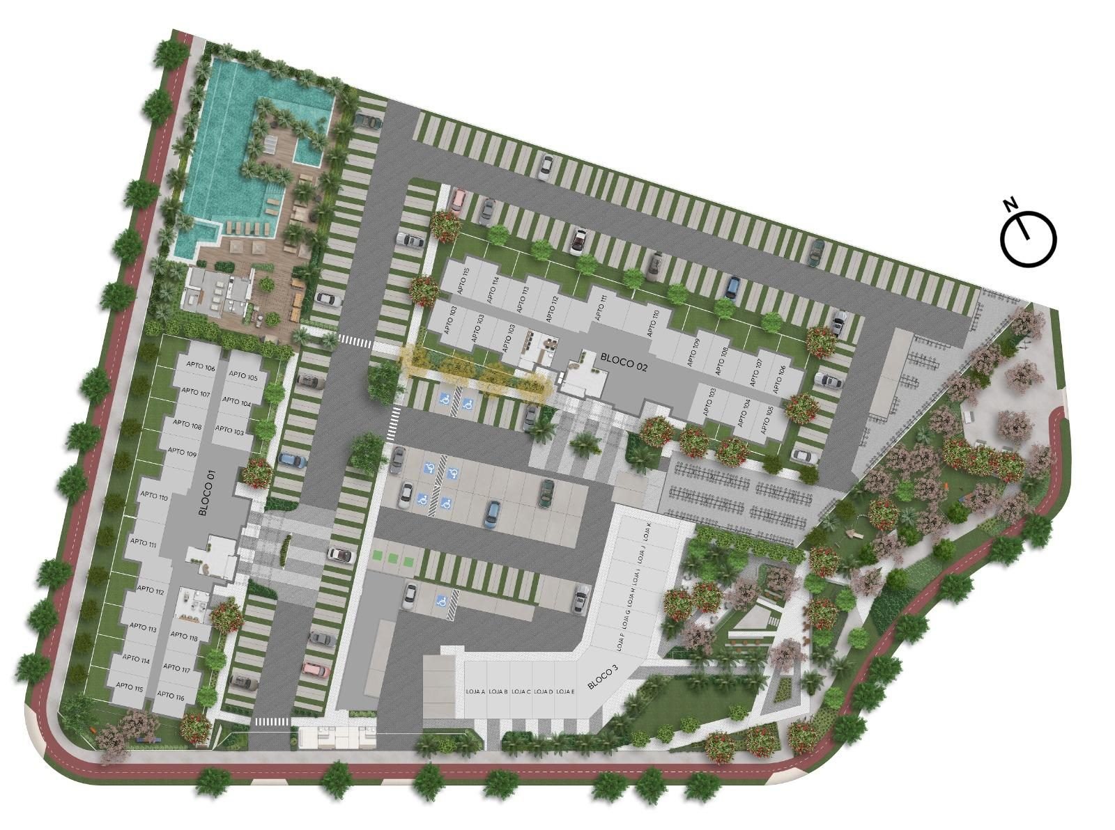 Illustrated site plan of Ilha Stay Home Resort with both buildings, pool and mall