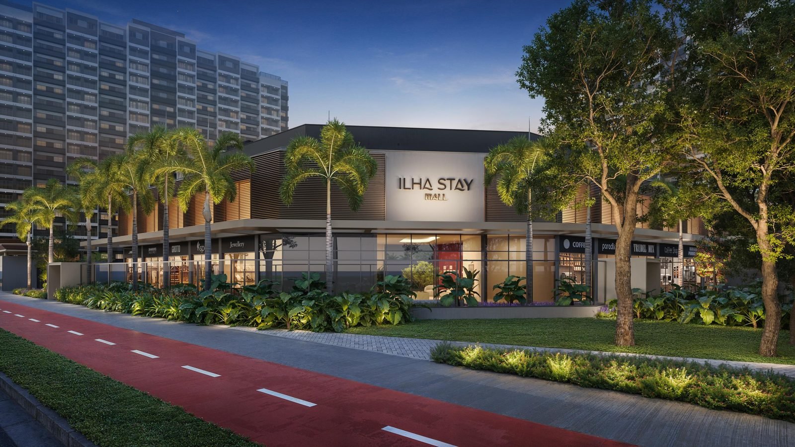 Ilha Stay Mall facade with shops and bike path