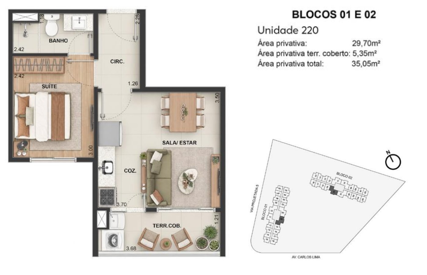 35 m² one-bedroom floor plan, unit 220, at Ilha Stay Home Resort
