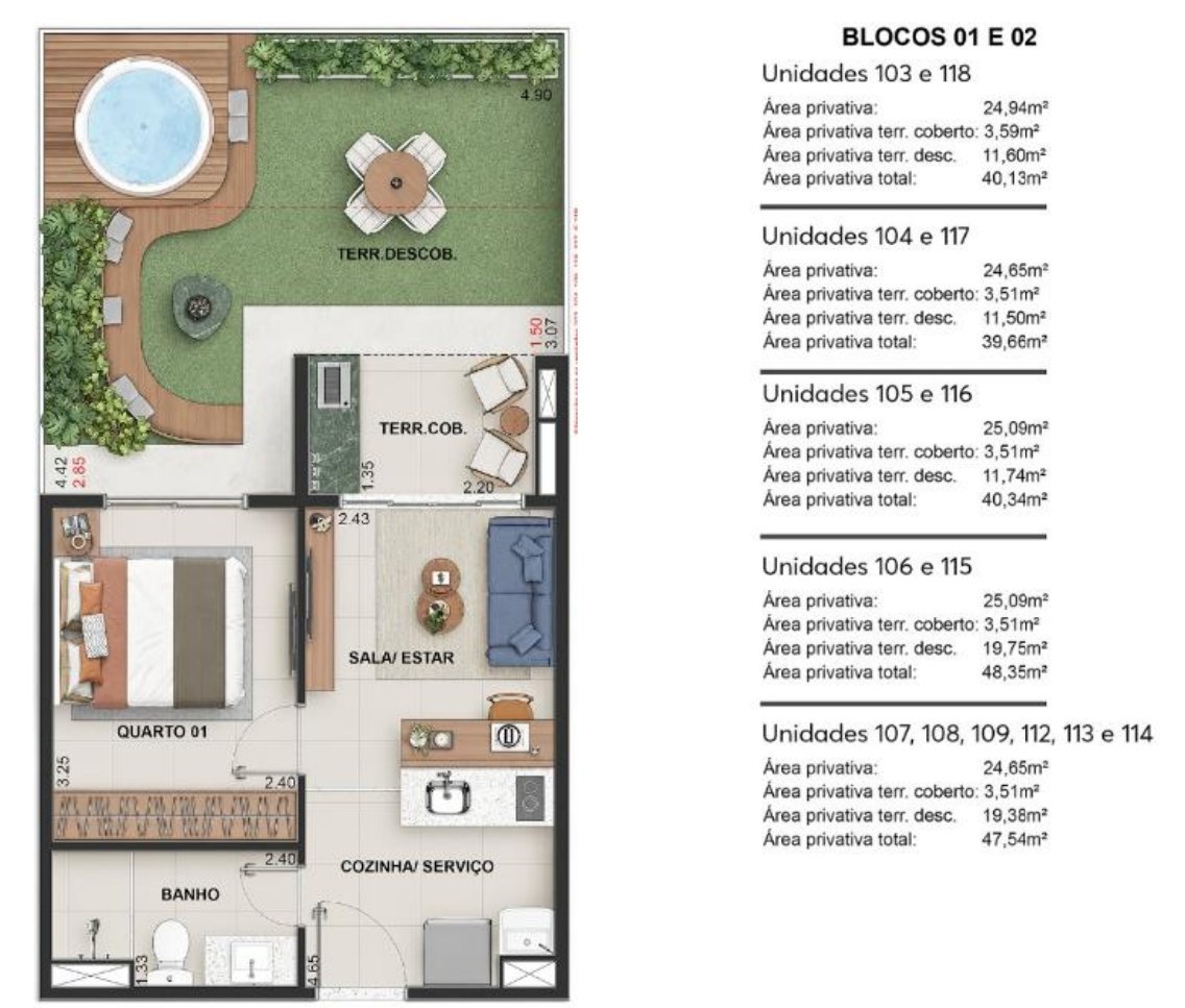 One-bedroom garden unit of up to 48 m², with an open terrace