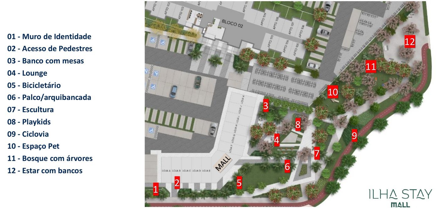 Ilha Stay Mall retail amenities plan, with kids' play area, pet area and wooded area