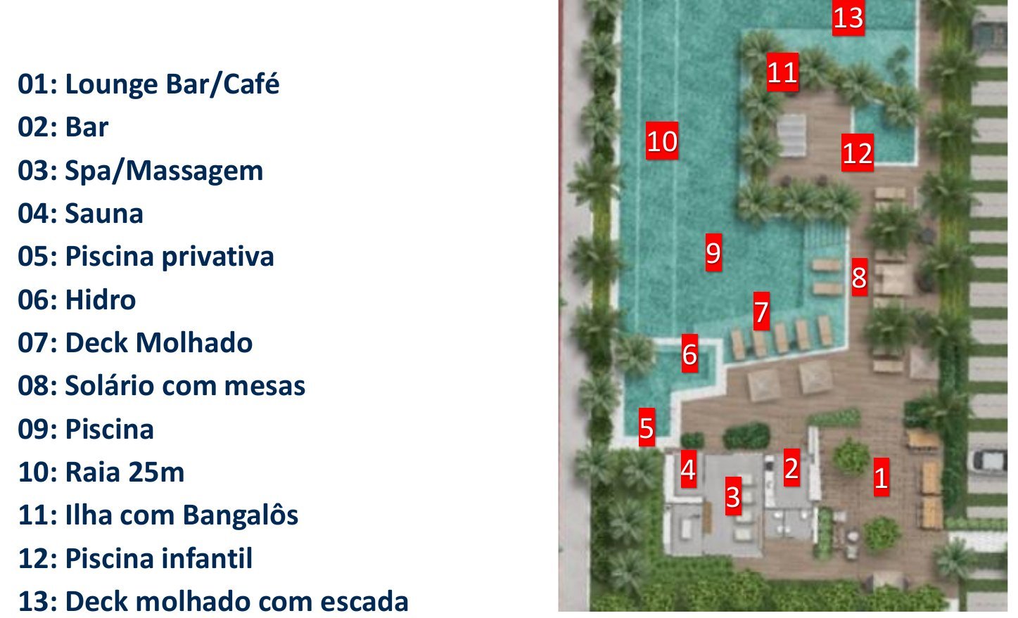Ilha Stay residential amenities plan, with a 25 m lap lane and an island with bungalows
