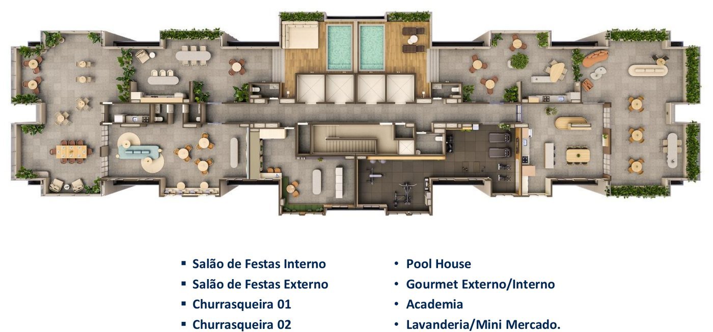 Ilha Stay rooftop plan, with party rooms, barbecue areas, pool house and gym