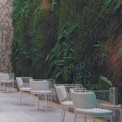 Jardim vertical do lounge externo do IPA Studios Design