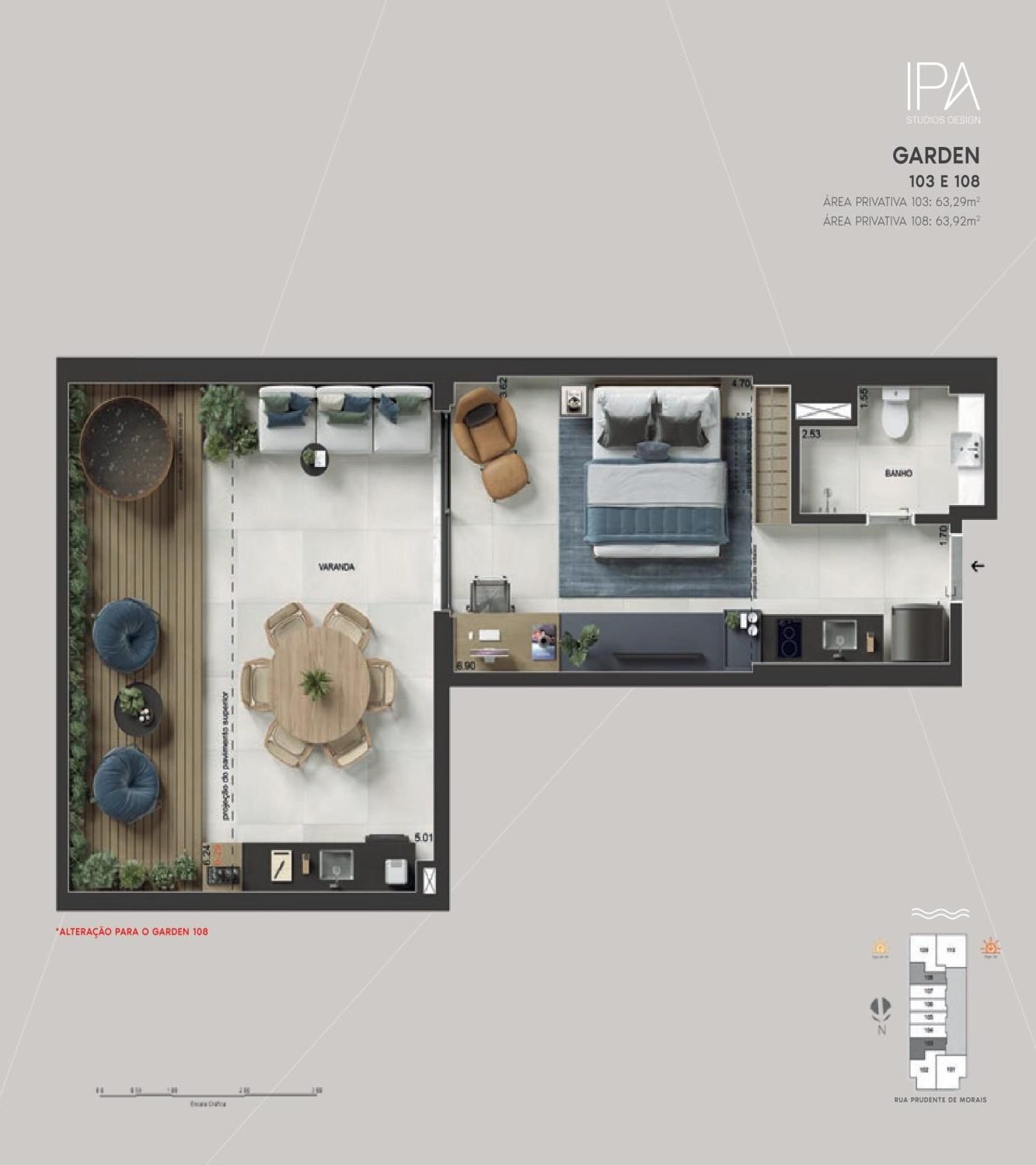 Floor plan of garden units 103 and 108, 63.29 m² to 63.92 m²