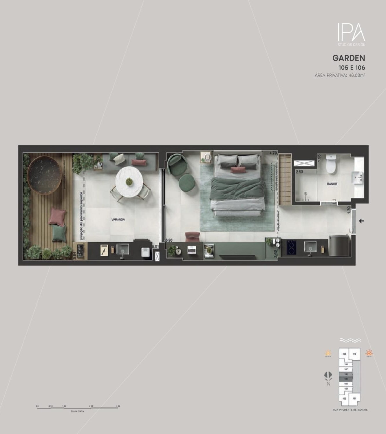 Floor plan of garden units 105 and 106, 48.68 m²