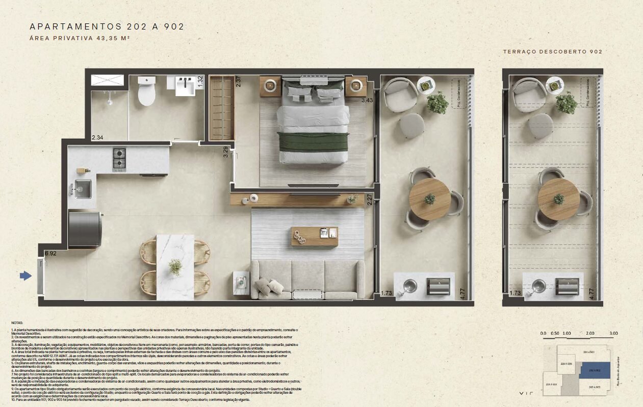 Planta baixa dos apartamentos 202 a 902 com 43,35m² no Barão de Jaguaripe 289