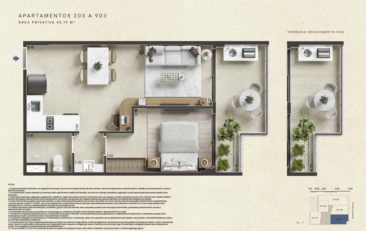 Planta baixa dos apartamentos 203 a 903 com 45,19m² no Barão de Jaguaripe 289