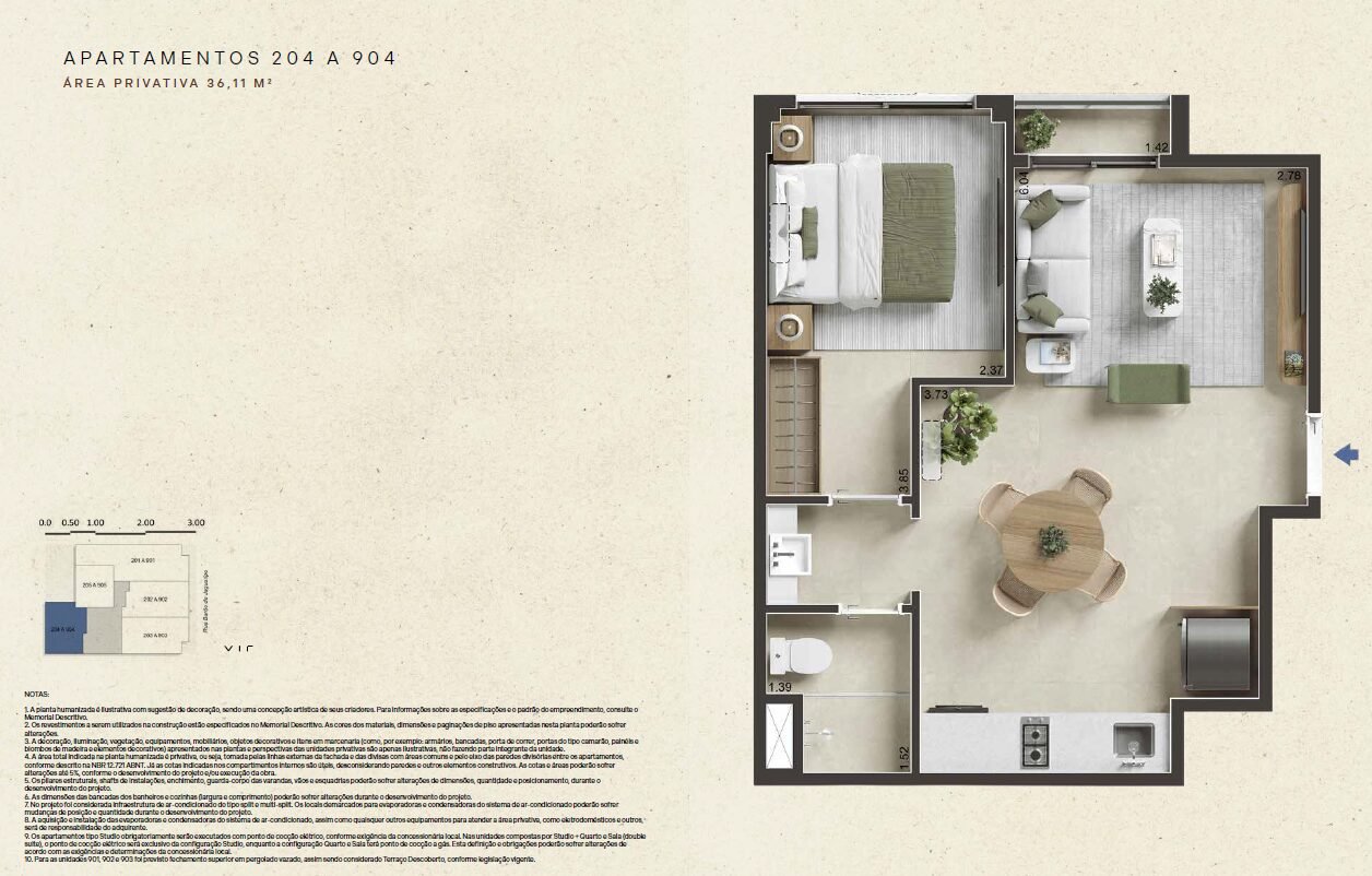 Planta baixa dos apartamentos 204 a 904 com 36,11m² no Barão de Jaguaripe 289