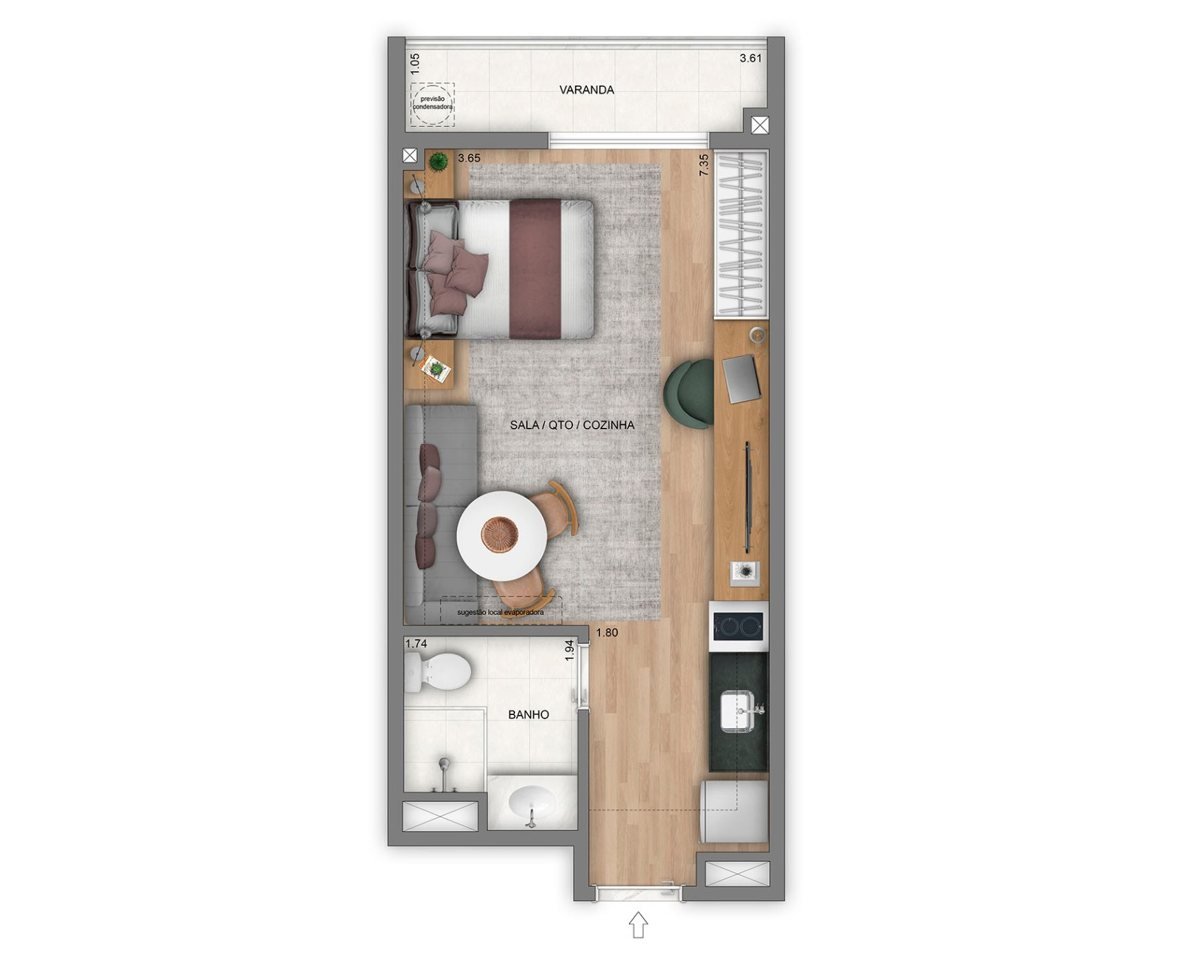 Planta: Studio de 31,8 m² com varanda – Living Full Imagine