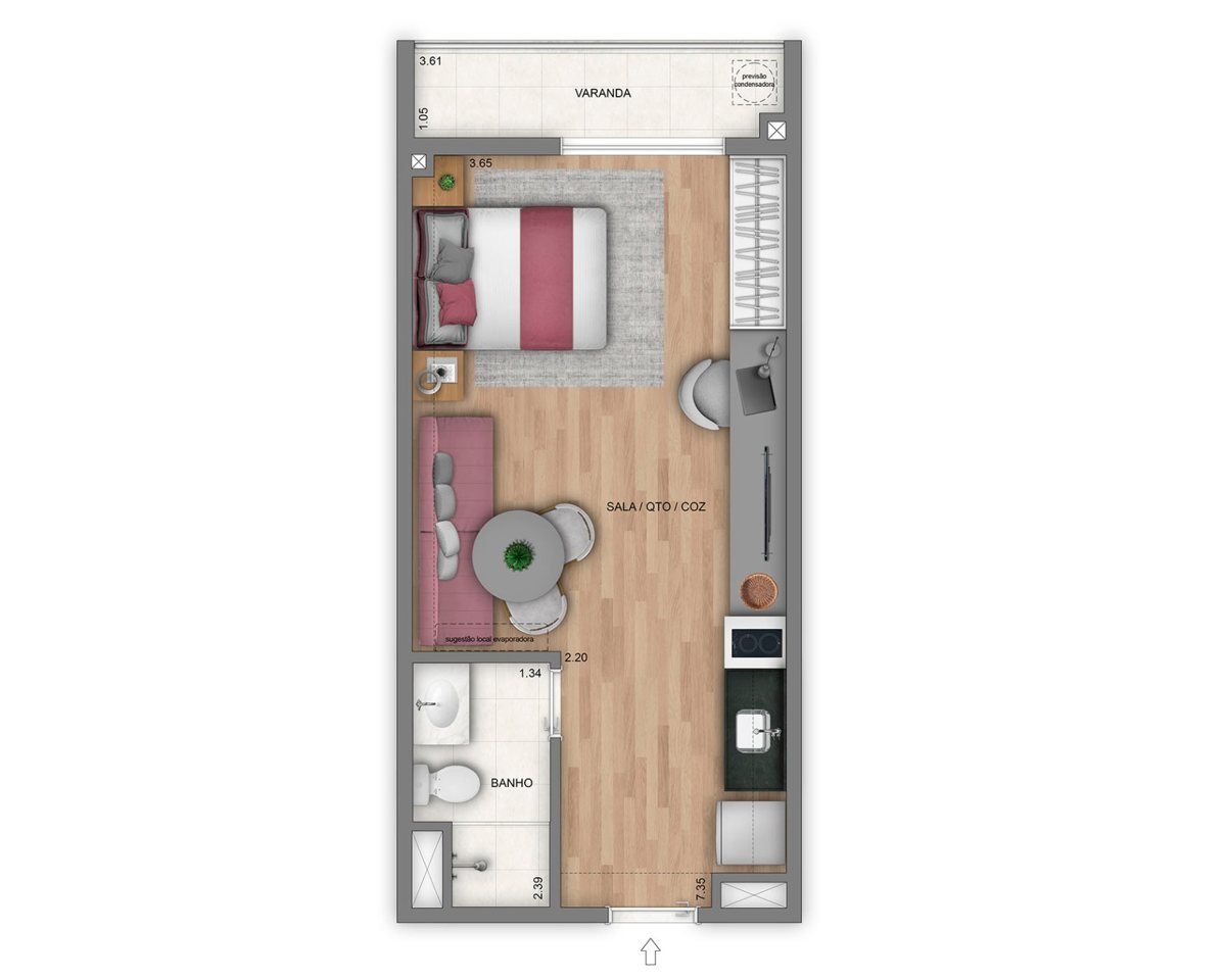 Planta: Studio de 32,8 m² com varanda – Living Full Imagine