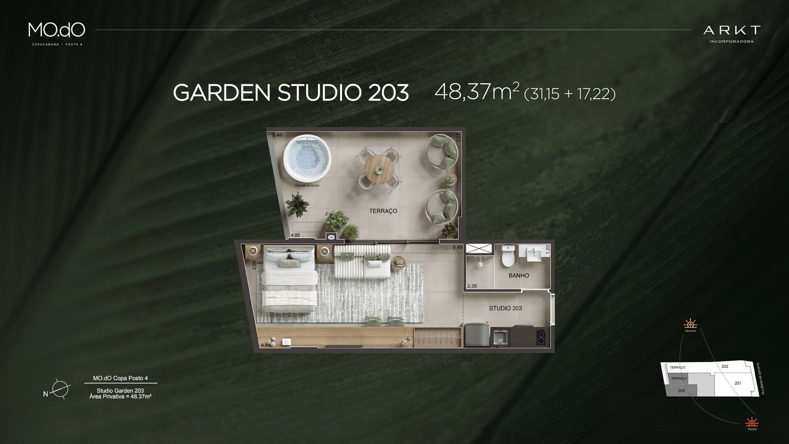 Floor plan of garden studio 203, 48.37 m² with a private terrace, at MO.dO Copa Posto 4