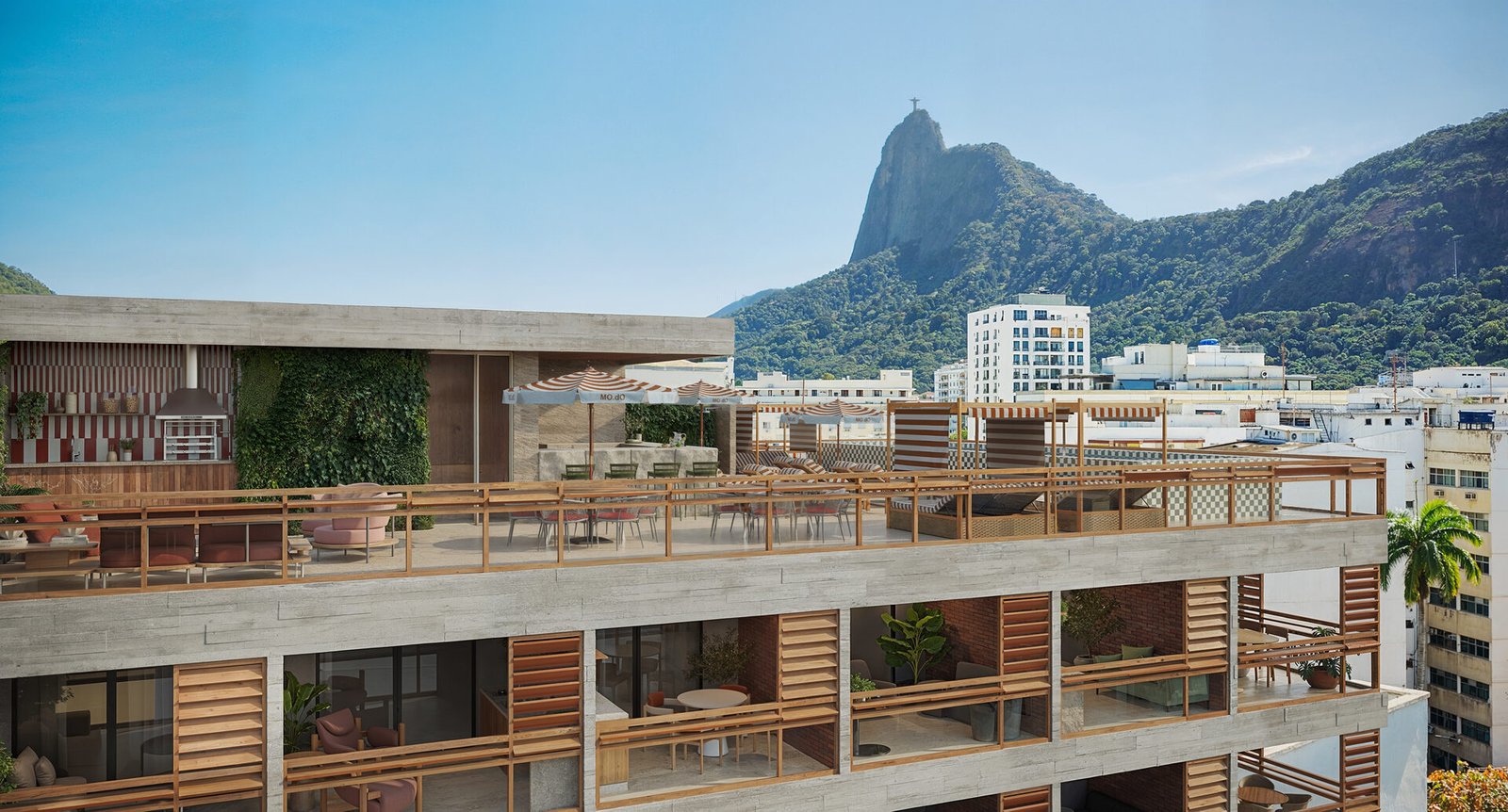 Vista aérea do MO.dO Voluntários com o rooftop e o Cristo Redentor ao fundo