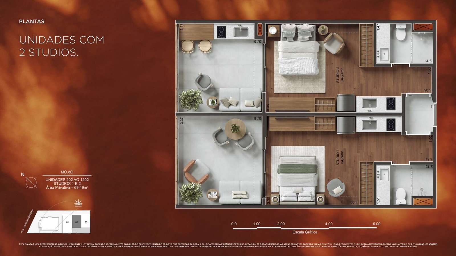 Planta baixa da unidade com 2 Studios de 69,49m² no MO.dO Voluntários