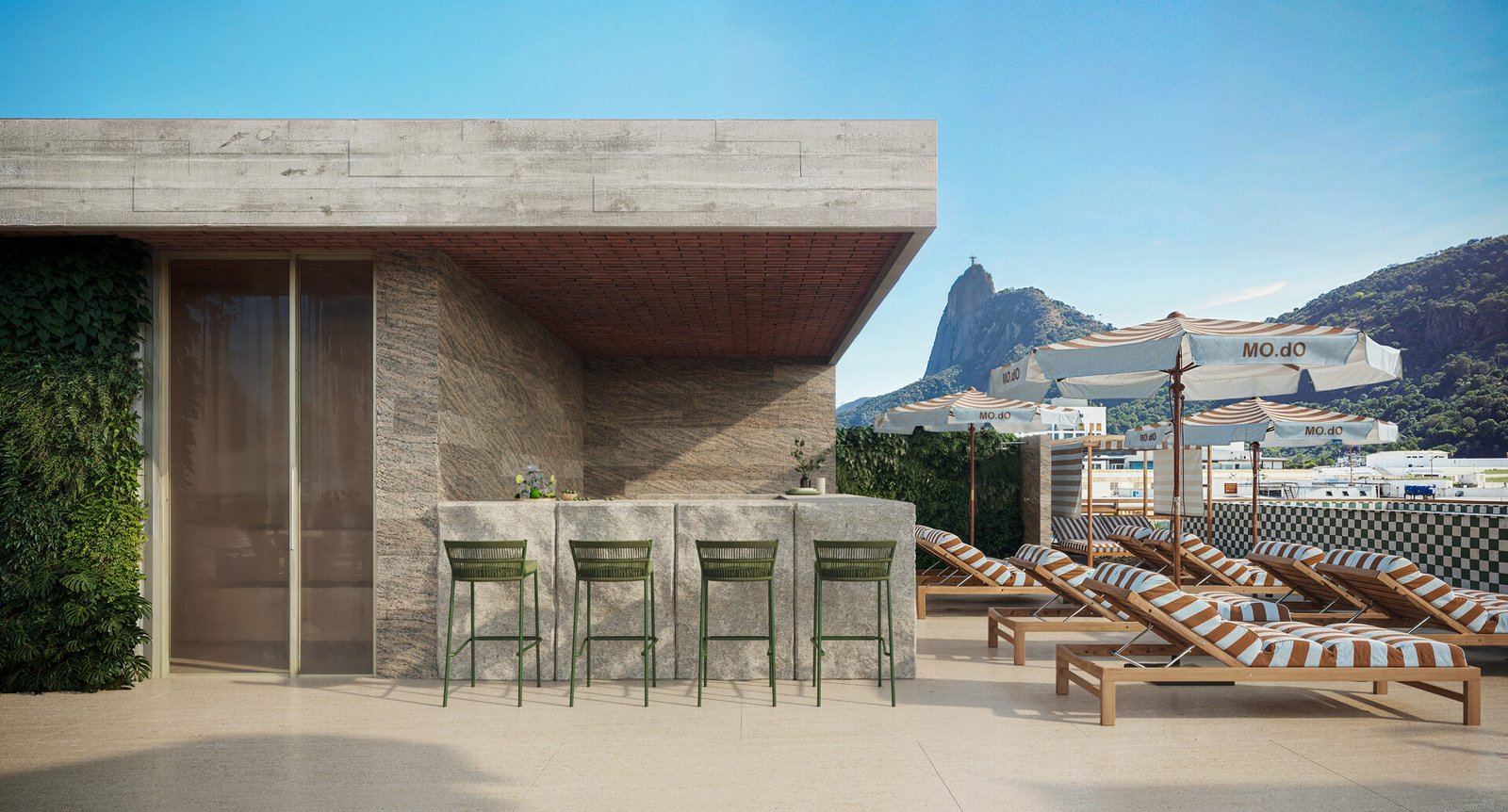 Bar do rooftop do MO.dO Voluntários com vista para o Cristo