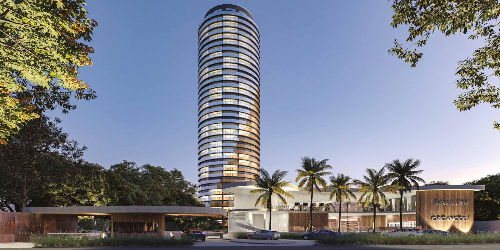 Torre do Niemeyer 360 Residences ao entardecer, na Barra da Tijuca