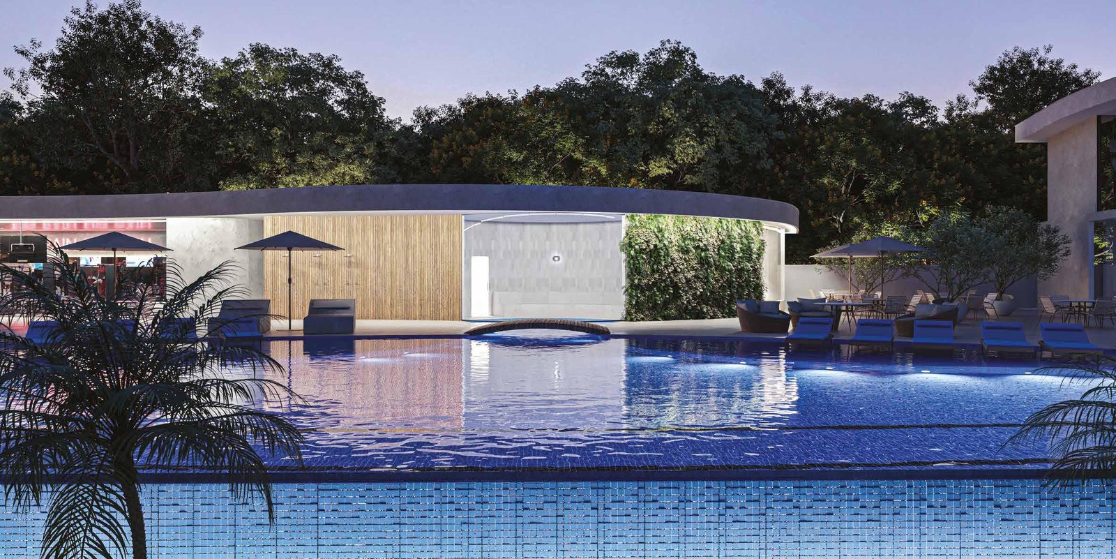 Piscina con palmeras en el Niemeyer 360 Residences, Barra da Tijuca