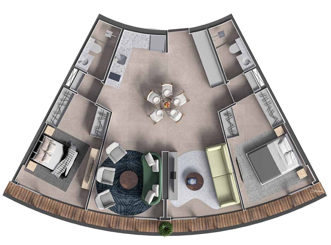 Planta baixa de studio curvo com dois quartos, dois ambientes de estar e varanda em deck de madeira no Niemeyer 360 Residences