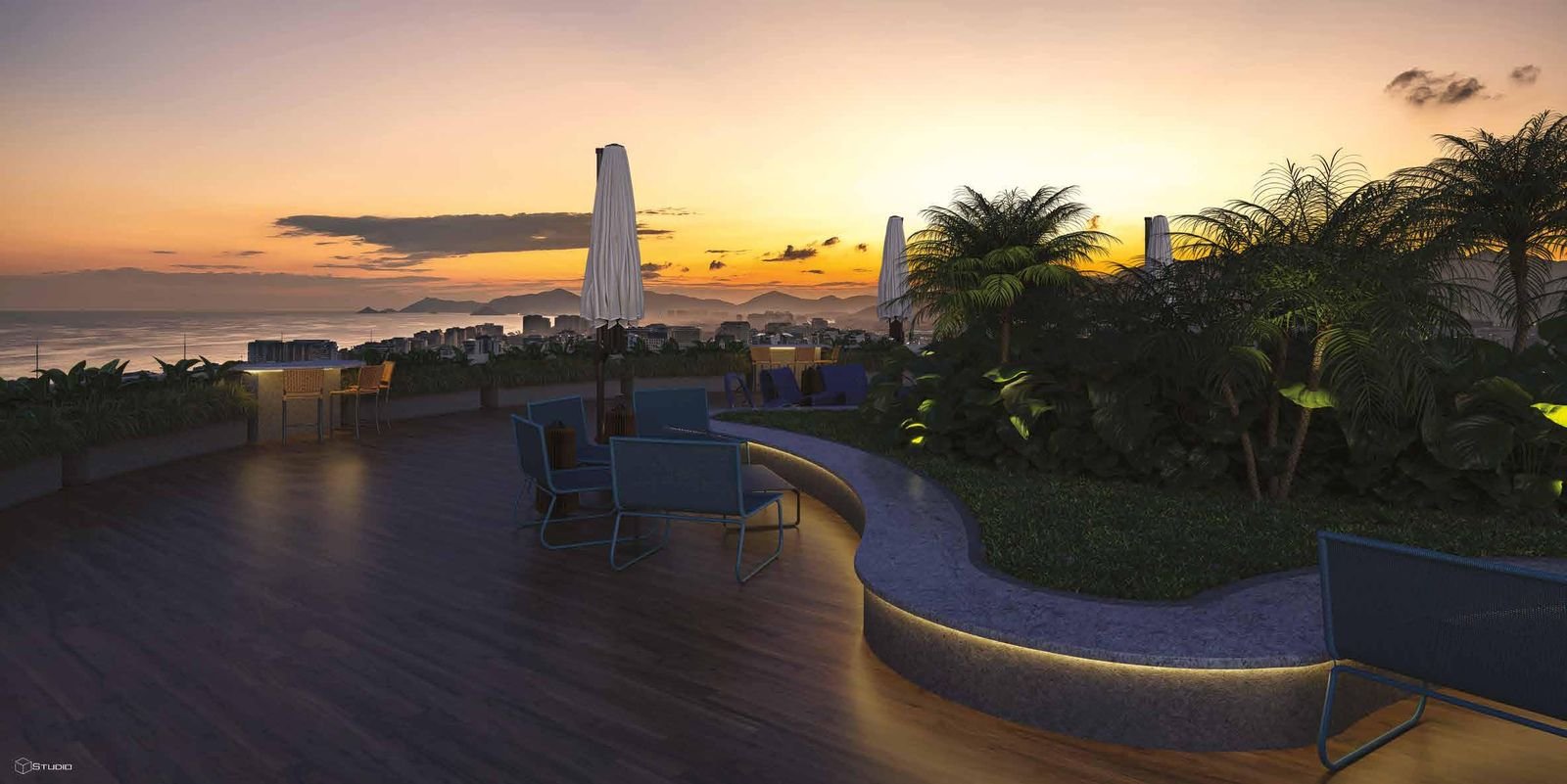 Panoramic rooftop of Niemeyer 360 at night