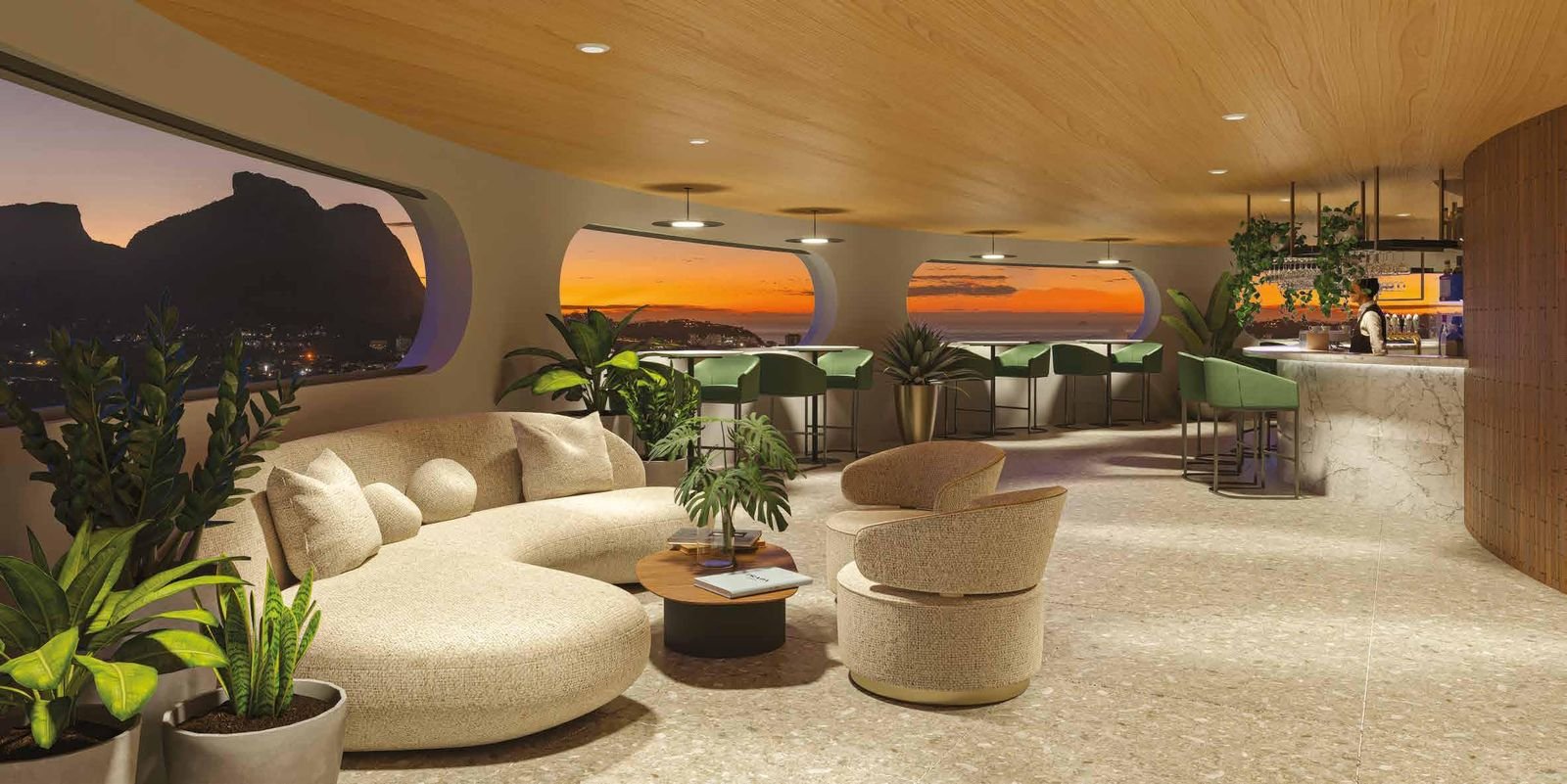 Niemeyer 360 rooftop lounge with curved sofas