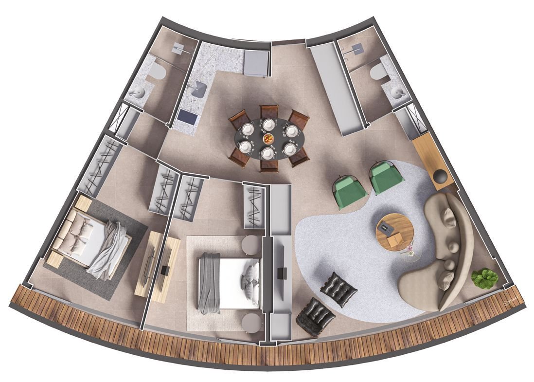 2-bedroom unit made of combined studios, floor plan at Niemeyer 360 Residences