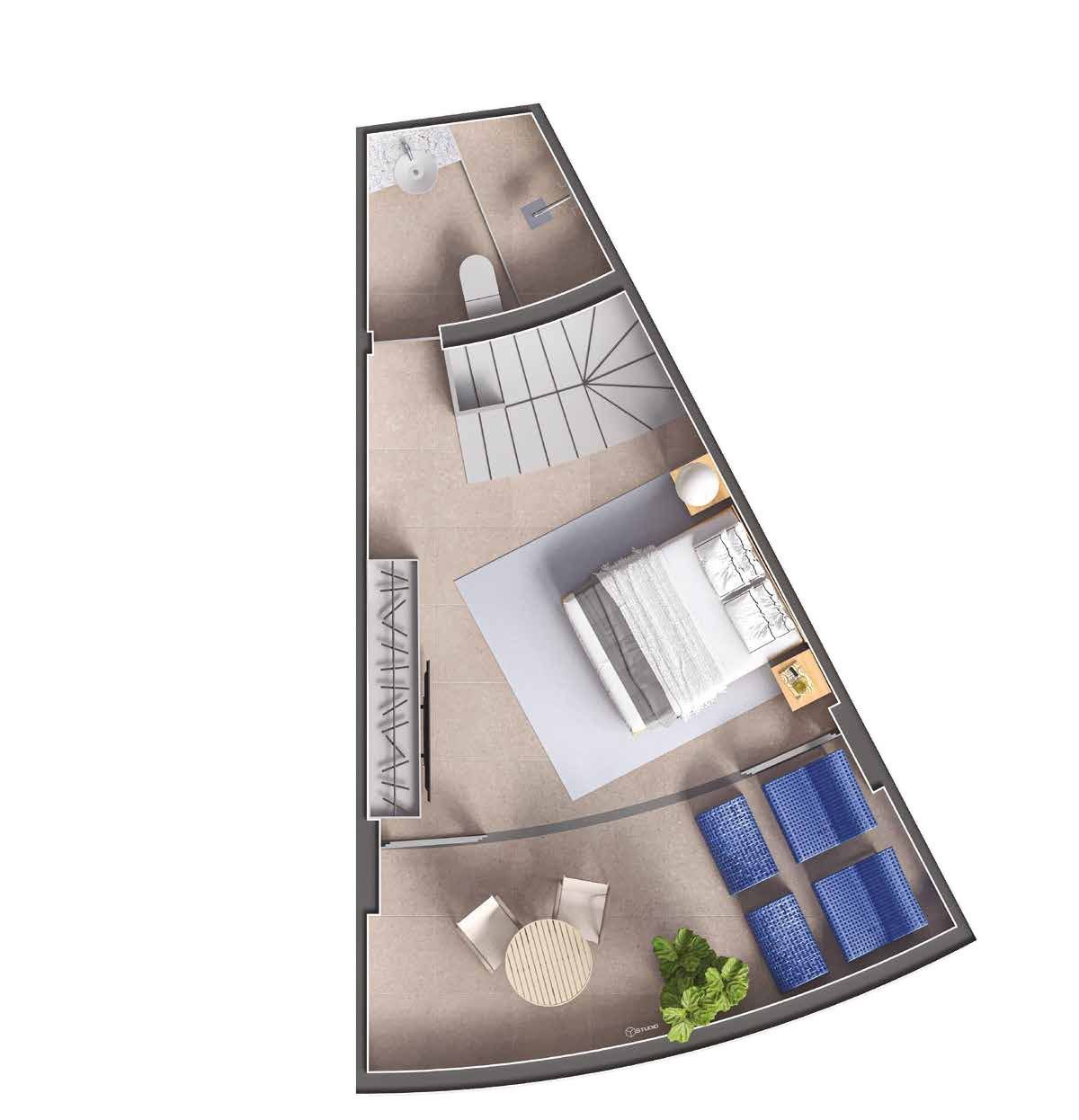 80 m² duplex floor plan at Niemeyer 360, upper level