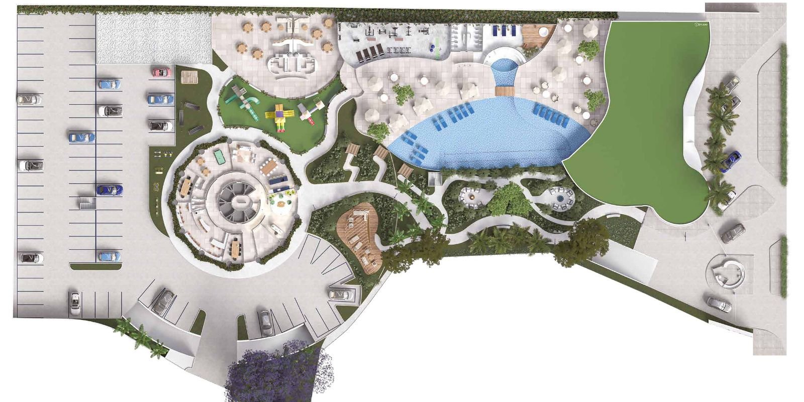 Niemeyer 360 Residences amenities site plan with pools and gardens