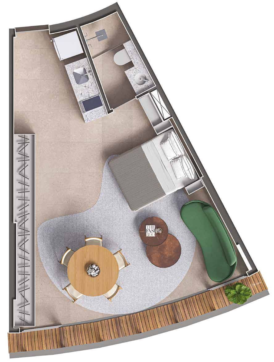 40 m² open-plan studio floor plan at Niemeyer 360 Residences