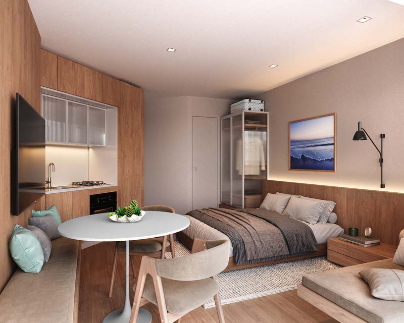 Studio com cozinha compacta e cama integrada