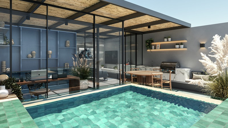 Área de lazer com piscina do empreendimento