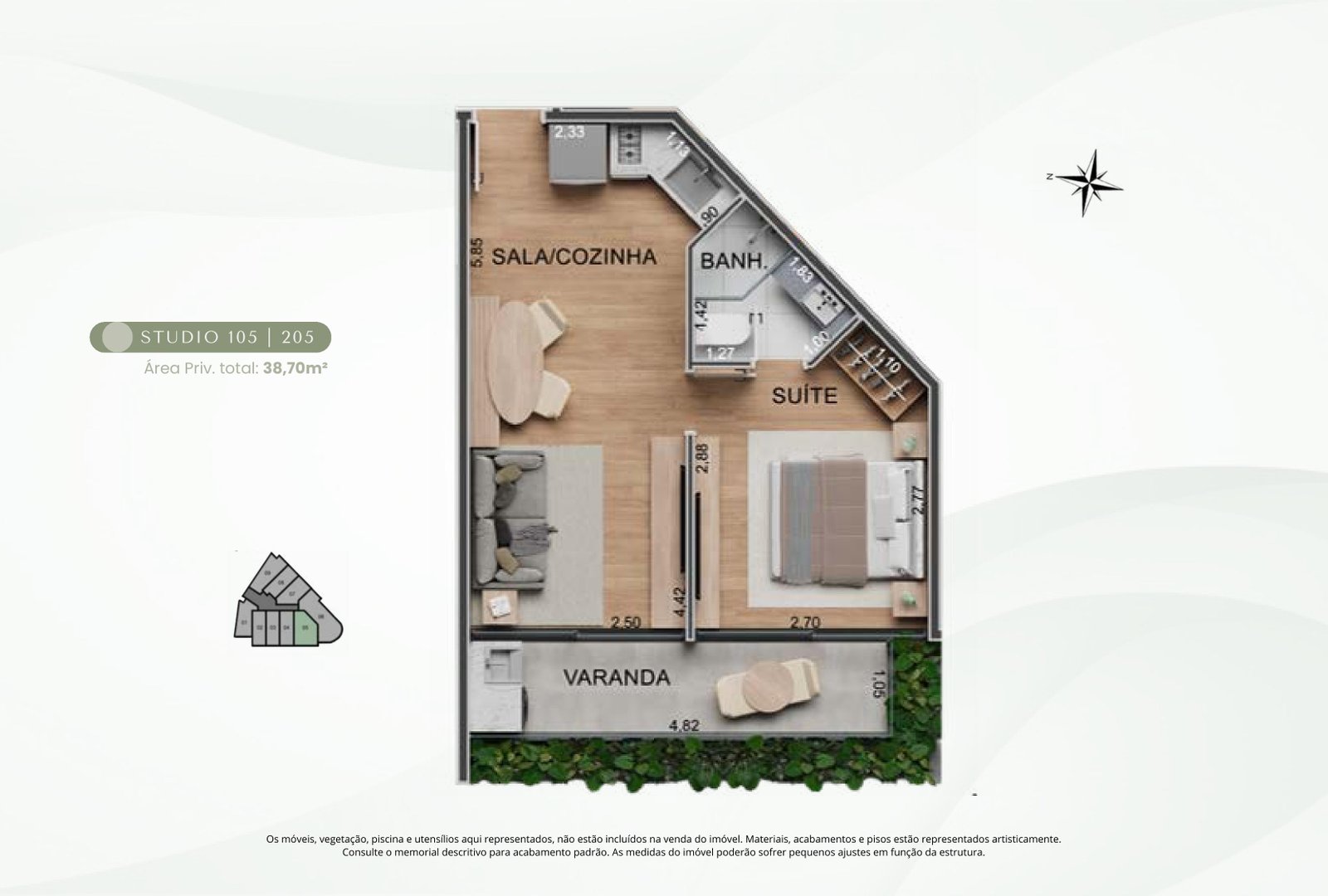 Planta baixa do Studio 105/205 com 38,70m² no Oceà Jardim Oceânico