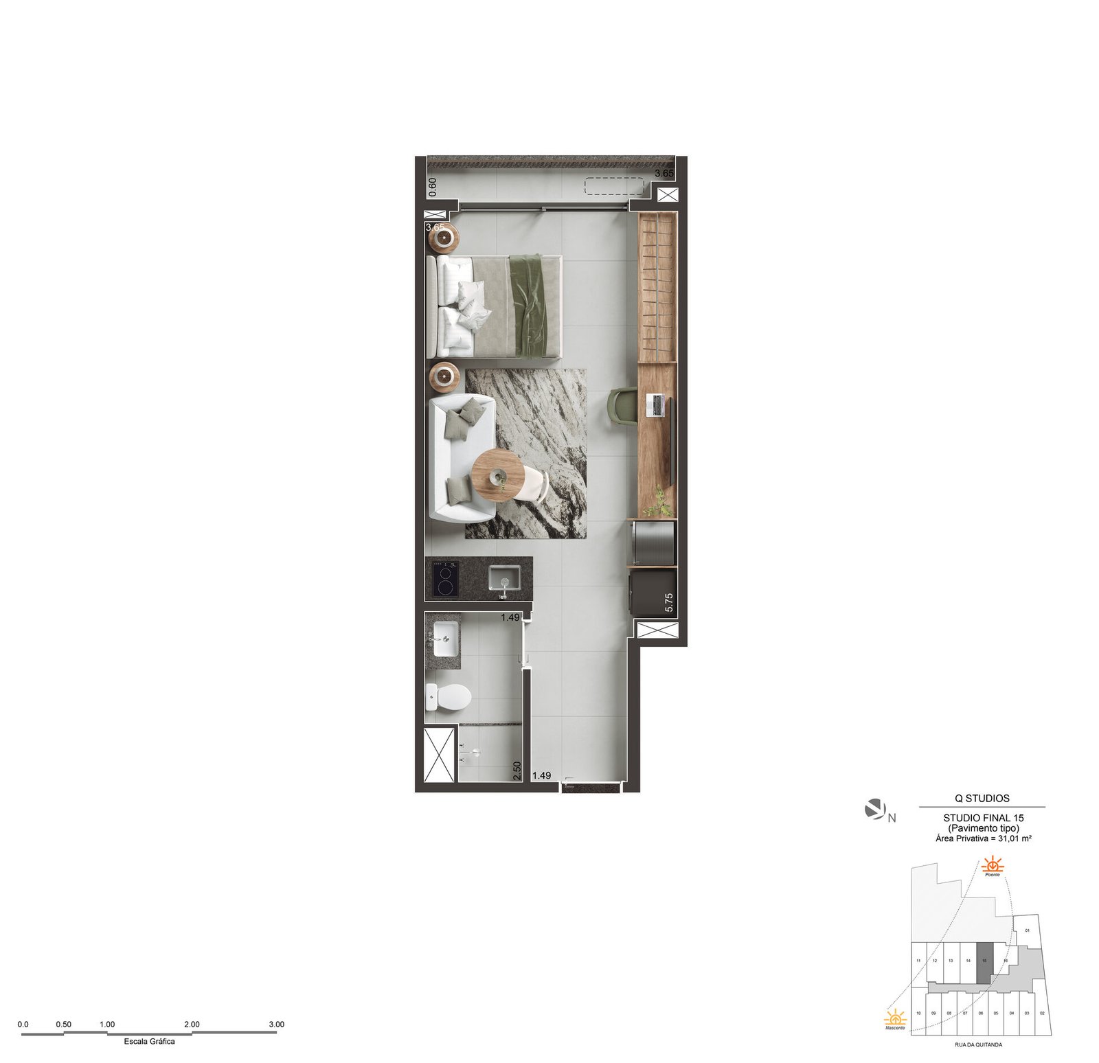 Planta baixa do Studio Final 15 com 31,01m² no Q Studios