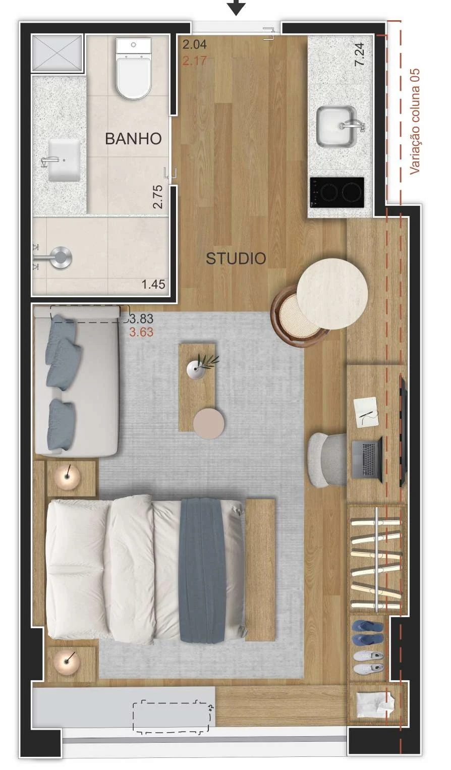 Planta baixa das unidades 202 a 1405 do Sete Full Week Studios, de 26,99m² a 28,11m²