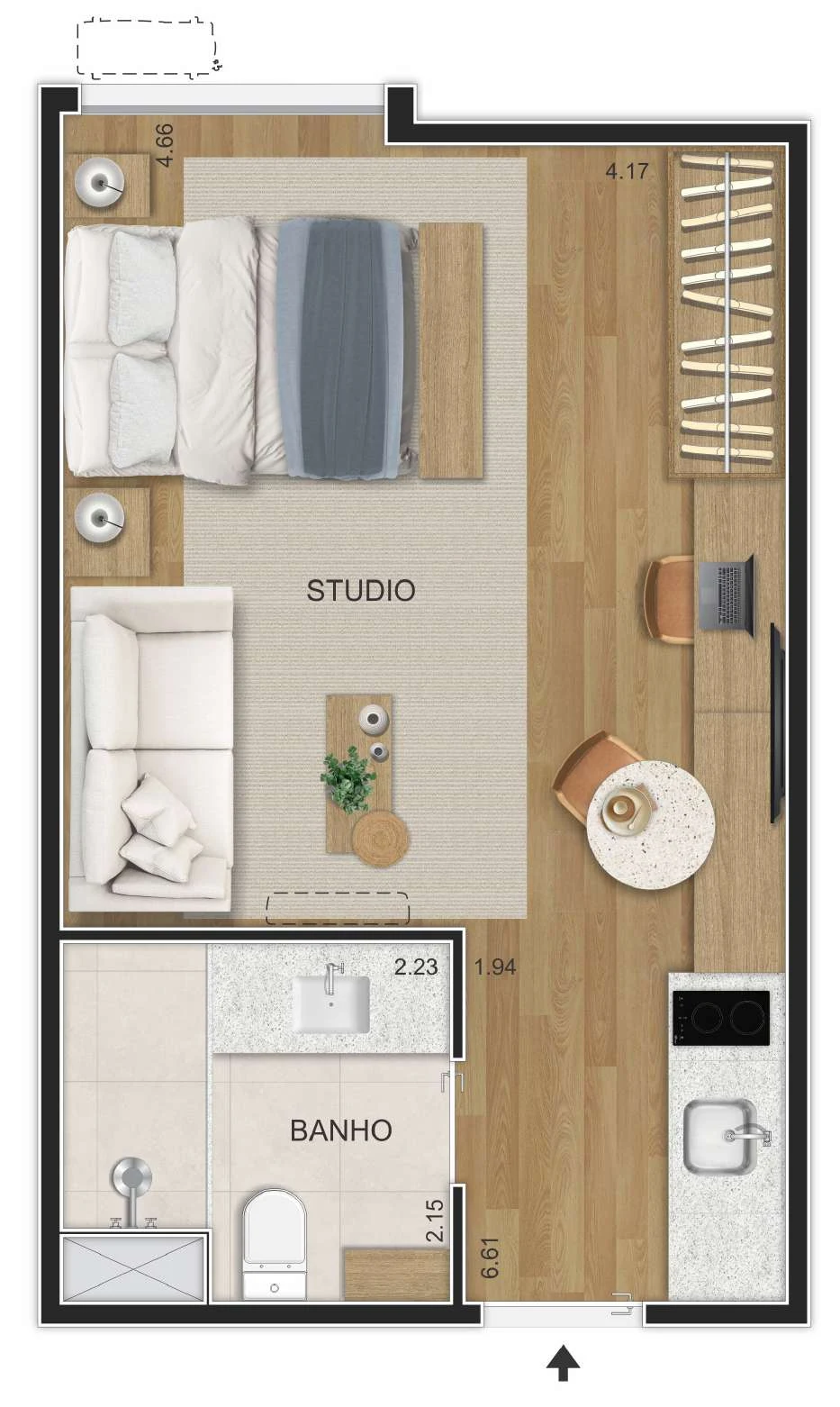Planta baixa das unidades 212 a 1412 do Sete Full Week Studios, 27,78m²