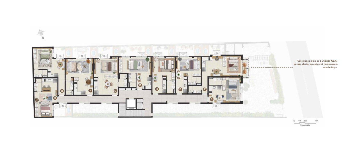 Planta do apartamento 201 a 401, área privativa de 30,20m², no Stay 360 Leblon